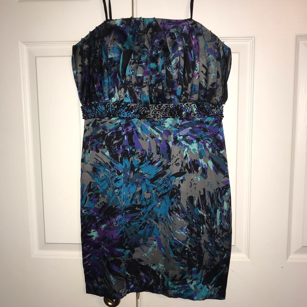 BCBGen Strapless Print Dress with Beaded Belt
